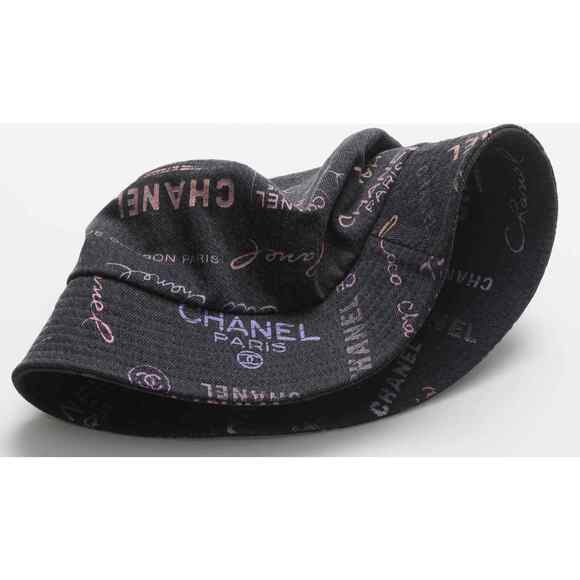Chanel 22P Black Pink Purple Denim Graffiti CC Logo Sun Cloche Bucket Hat Small